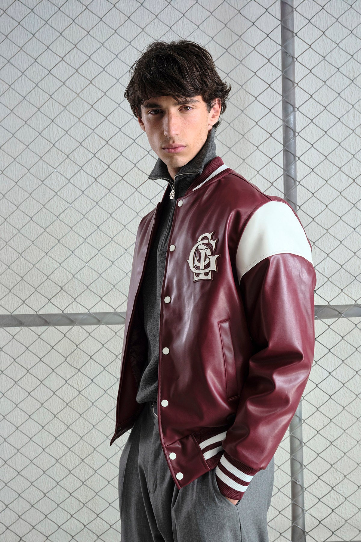BURGUNDY LEATHER VARSITY JACKET