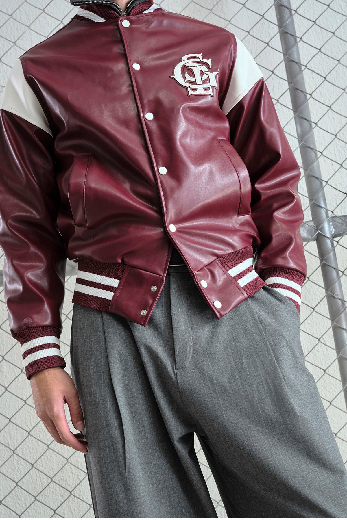 BURGUNDY LEATHER VARSITY JACKET