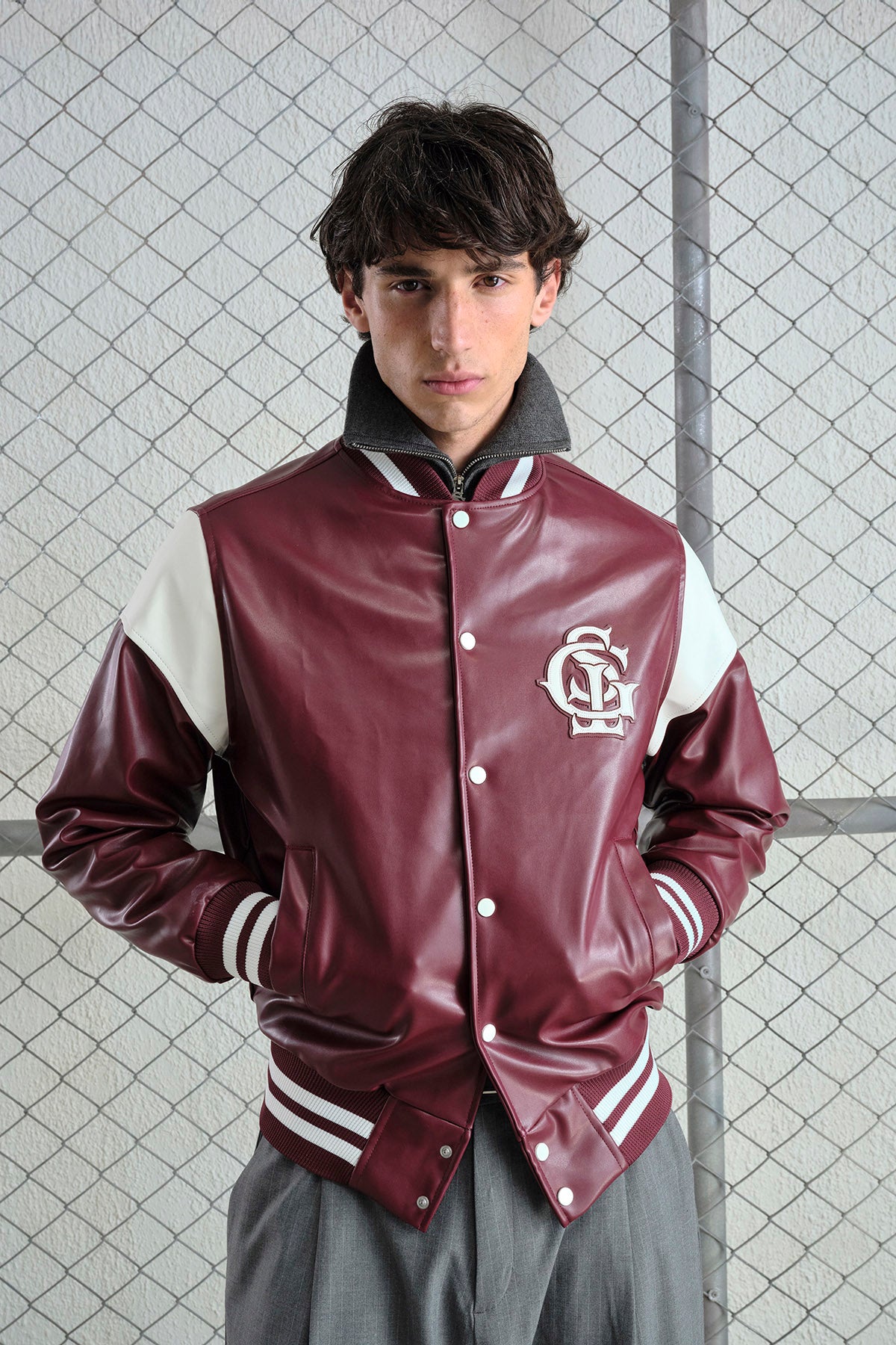 BURGUNDY LEATHER VARSITY JACKET