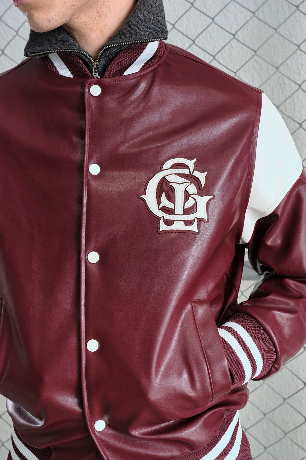 BURGUNDY LEATHER VARSITY JACKET