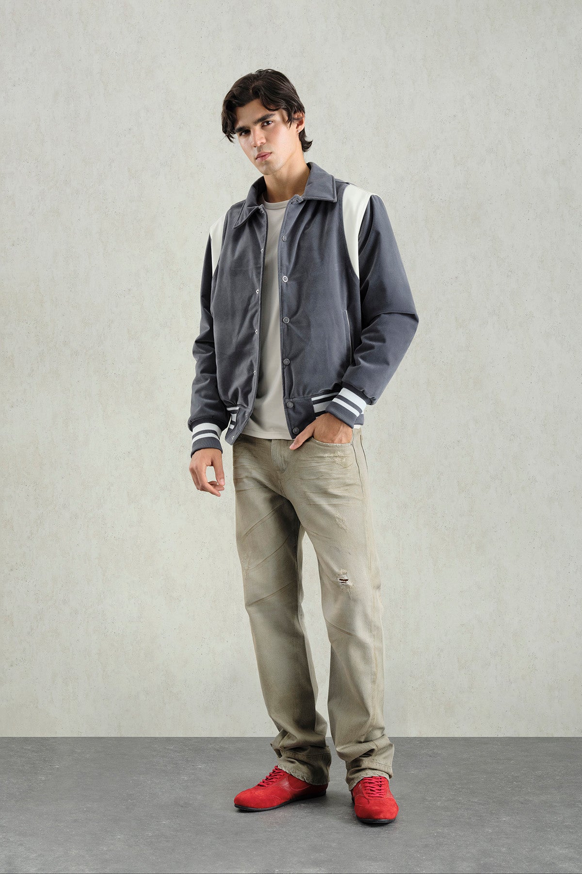 GREY VELVET VARSITY JACKET