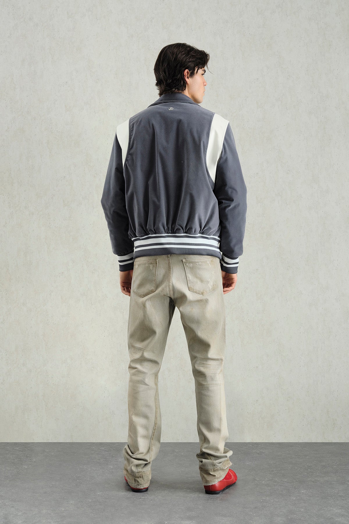 GREY VELVET VARSITY JACKET