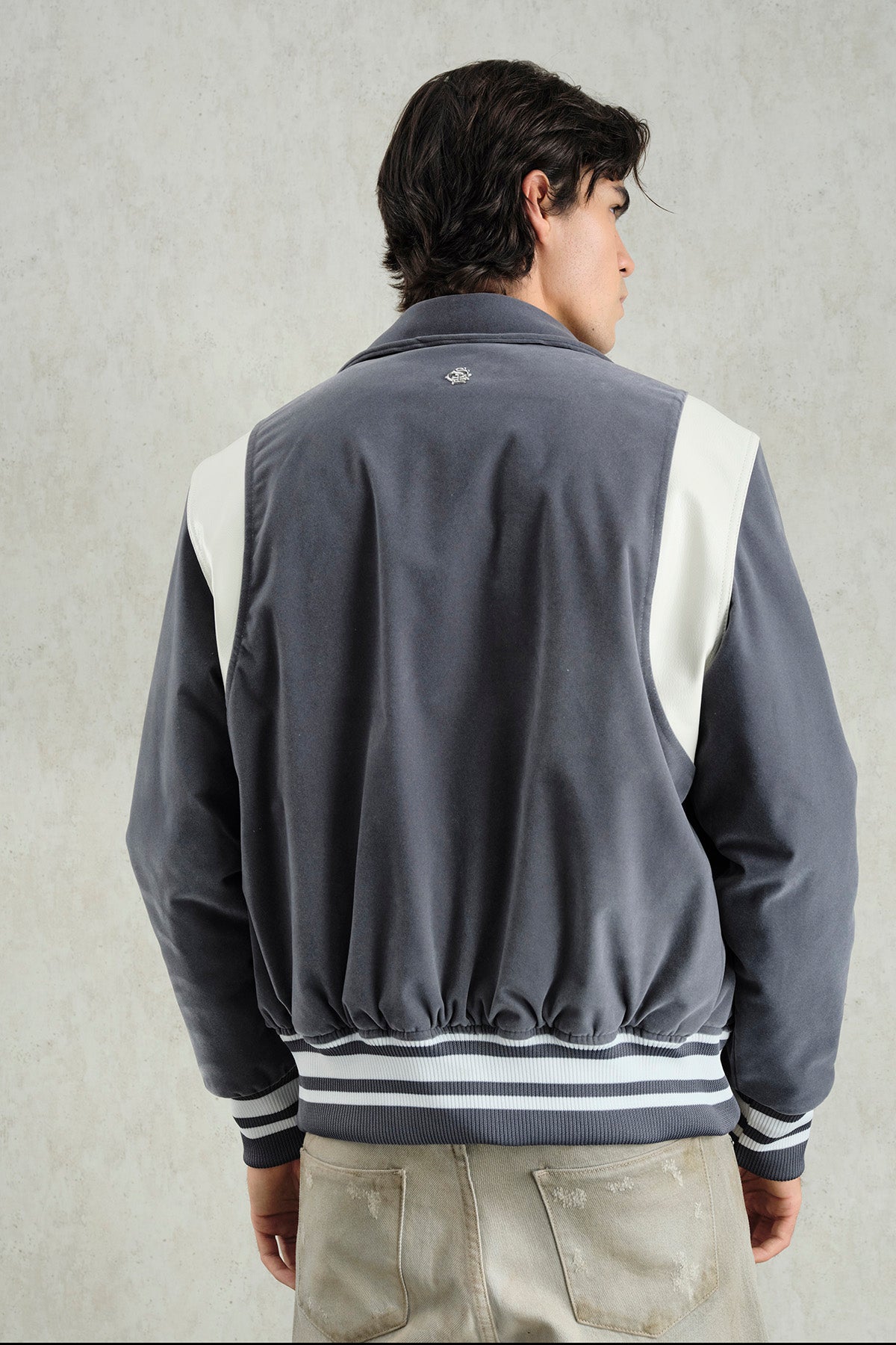 GREY VELVET VARSITY JACKET