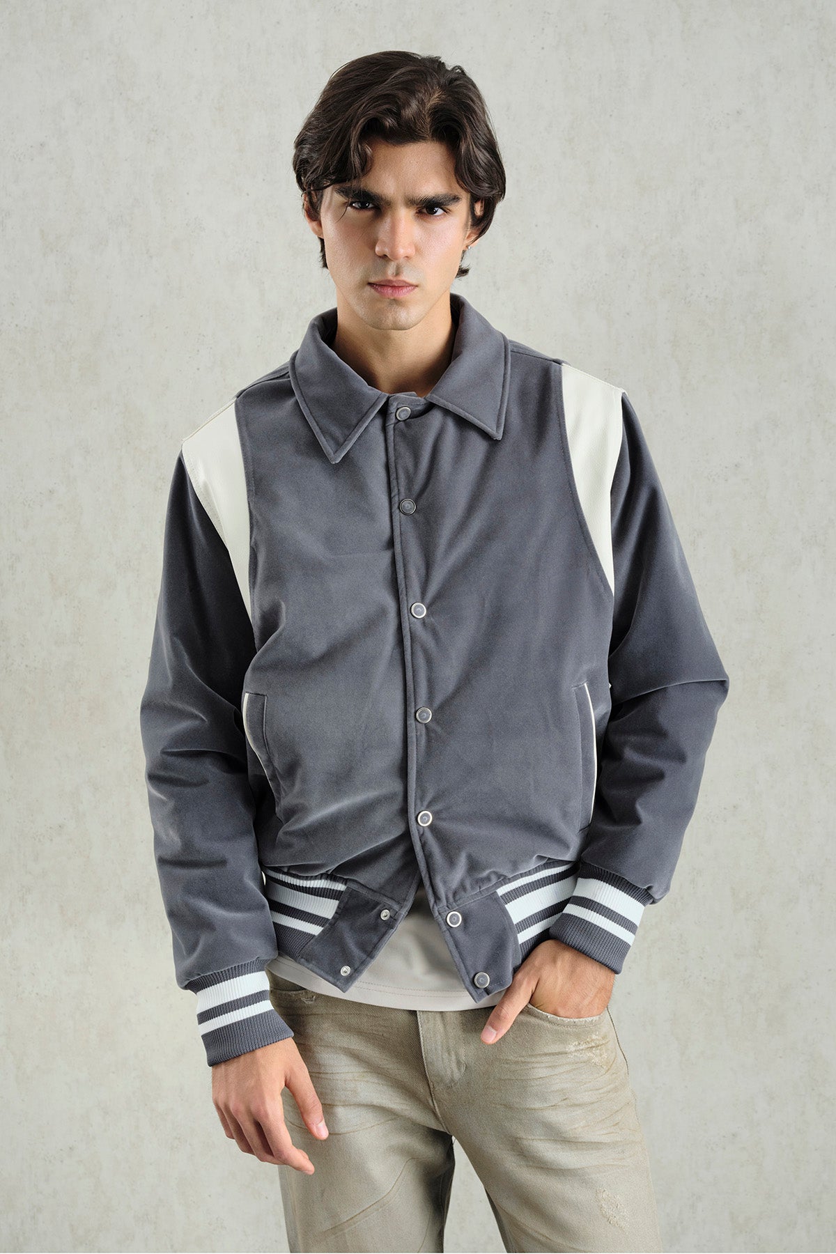 GREY VELVET VARSITY JACKET