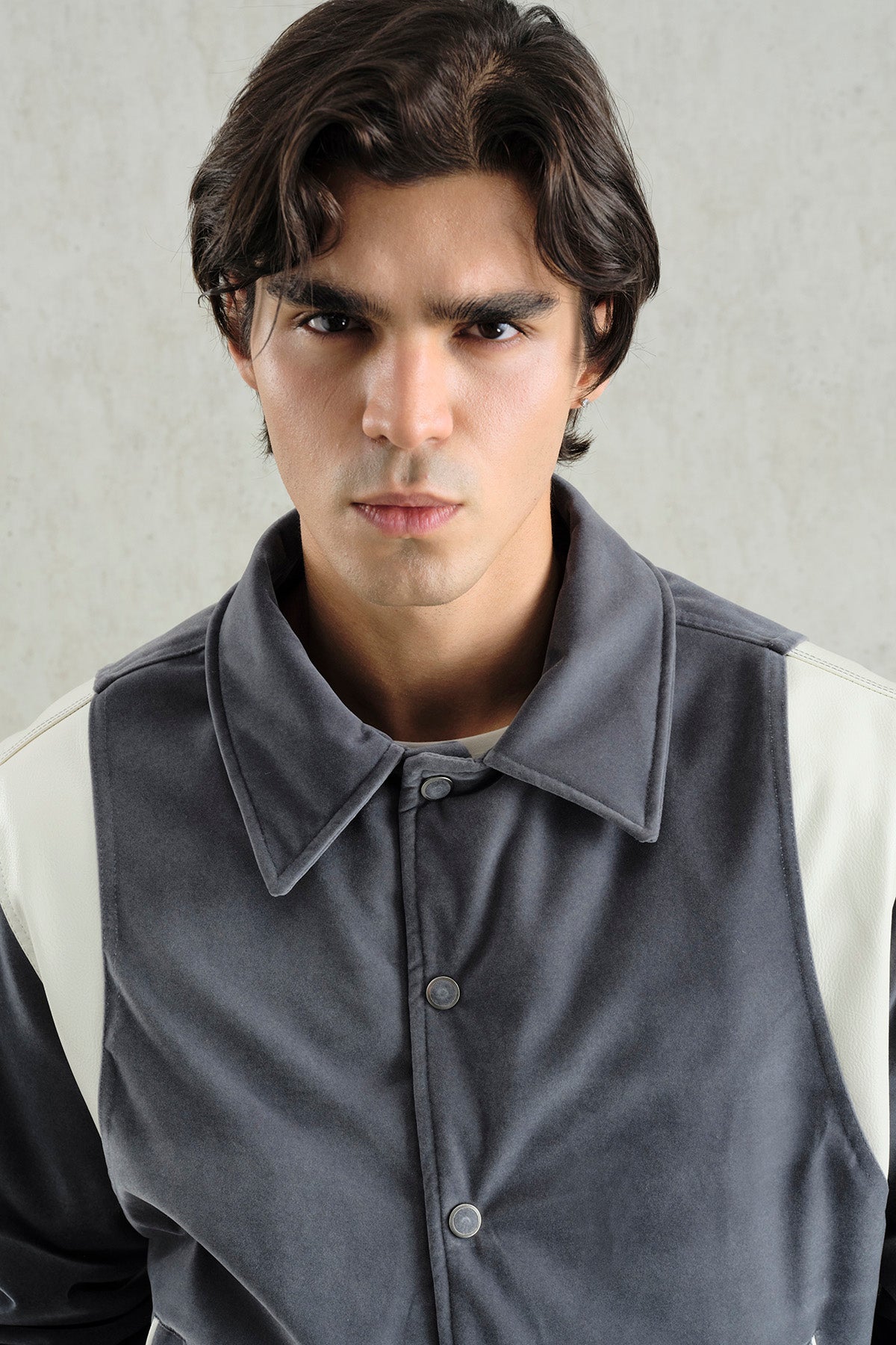 GREY VELVET VARSITY JACKET