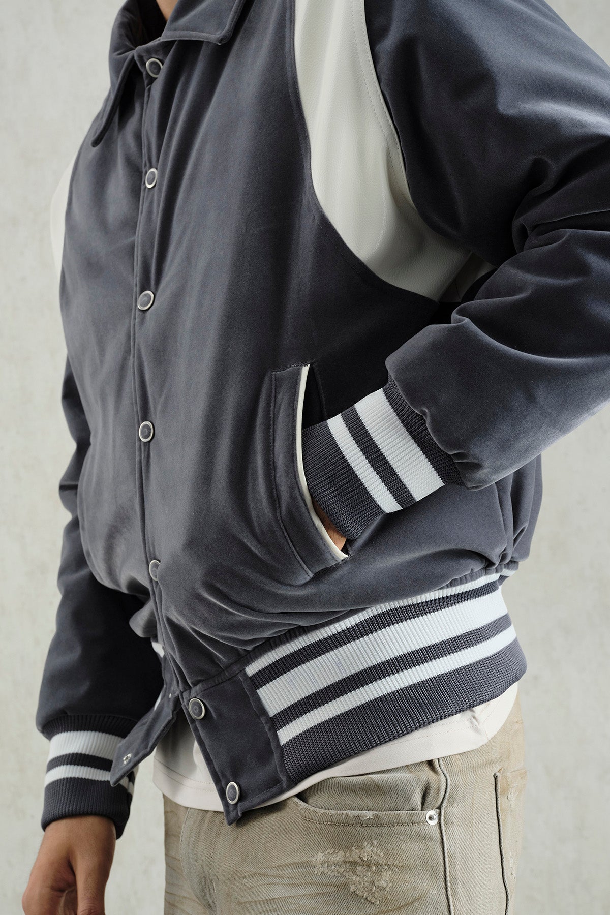 GREY VELVET VARSITY JACKET