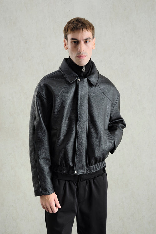 TEXTURED BLACK LEATHER JACKET - 2