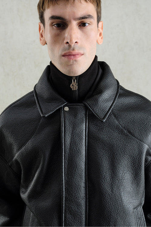 TEXTURED BLACK LEATHER JACKET - 4