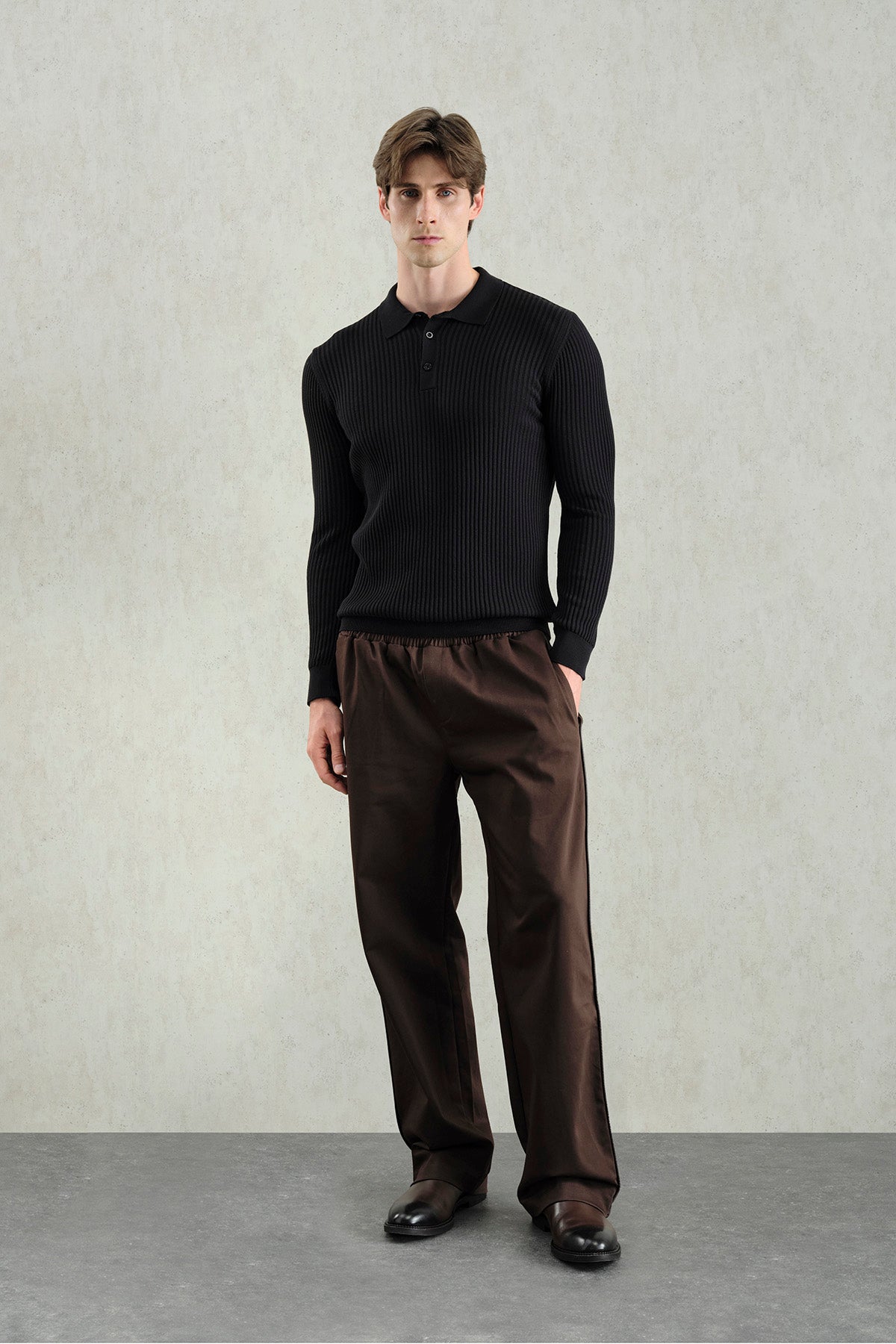 SLIM-FIT BUTTONED BLACK POLO-NECK KNITWEAR