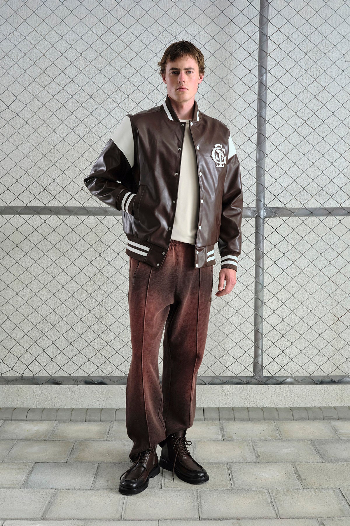 BROWN LEATHER VARSITY JACKET