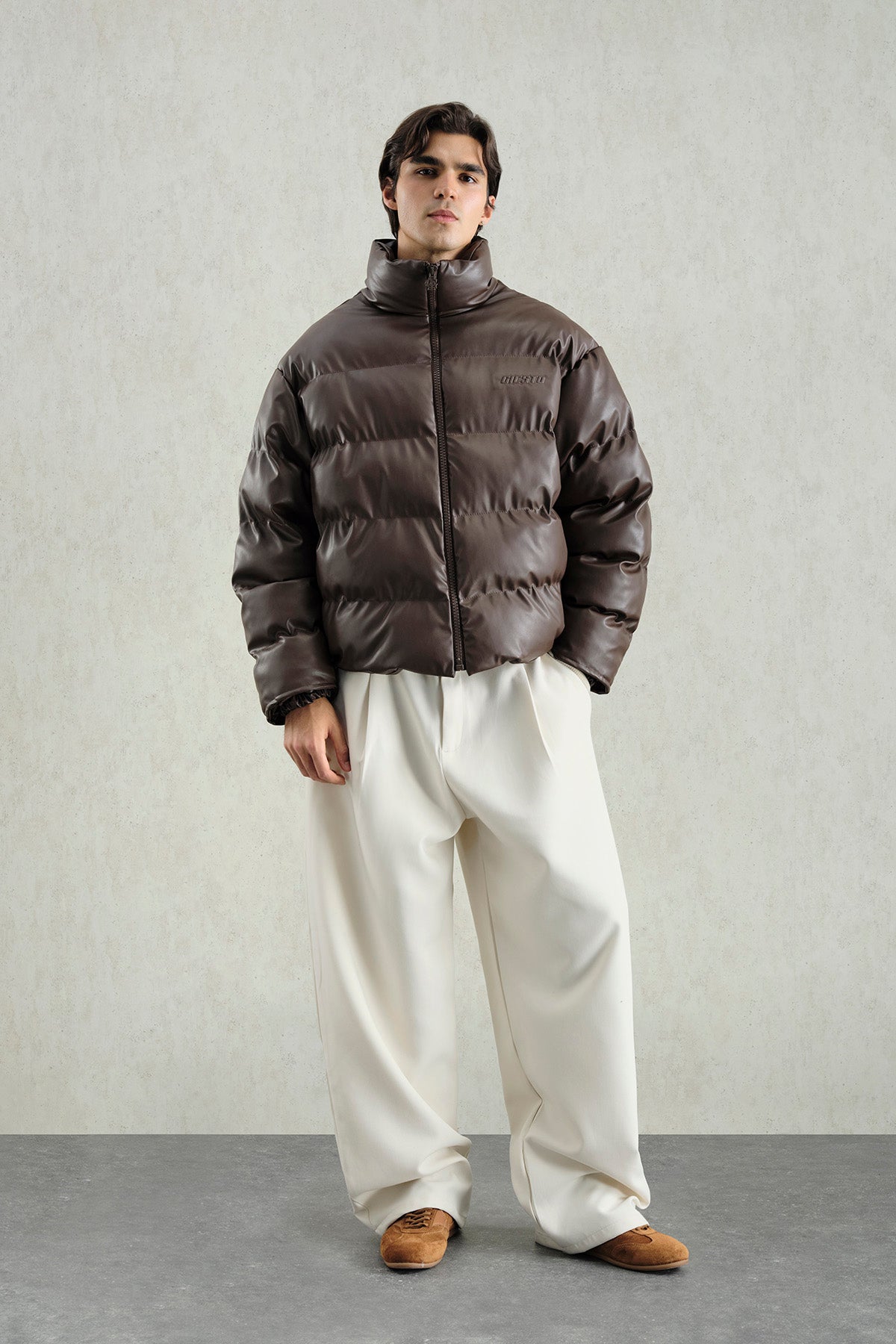 PUFFER LEATHER BROWN JACKET