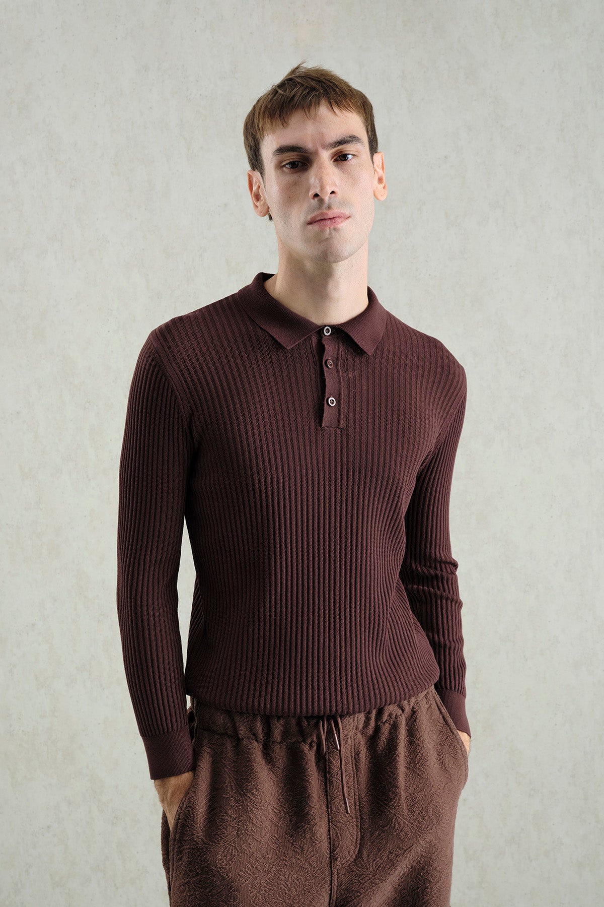 SLIM FIT BUTTONED BROWN POLO NECK KNITWEAR