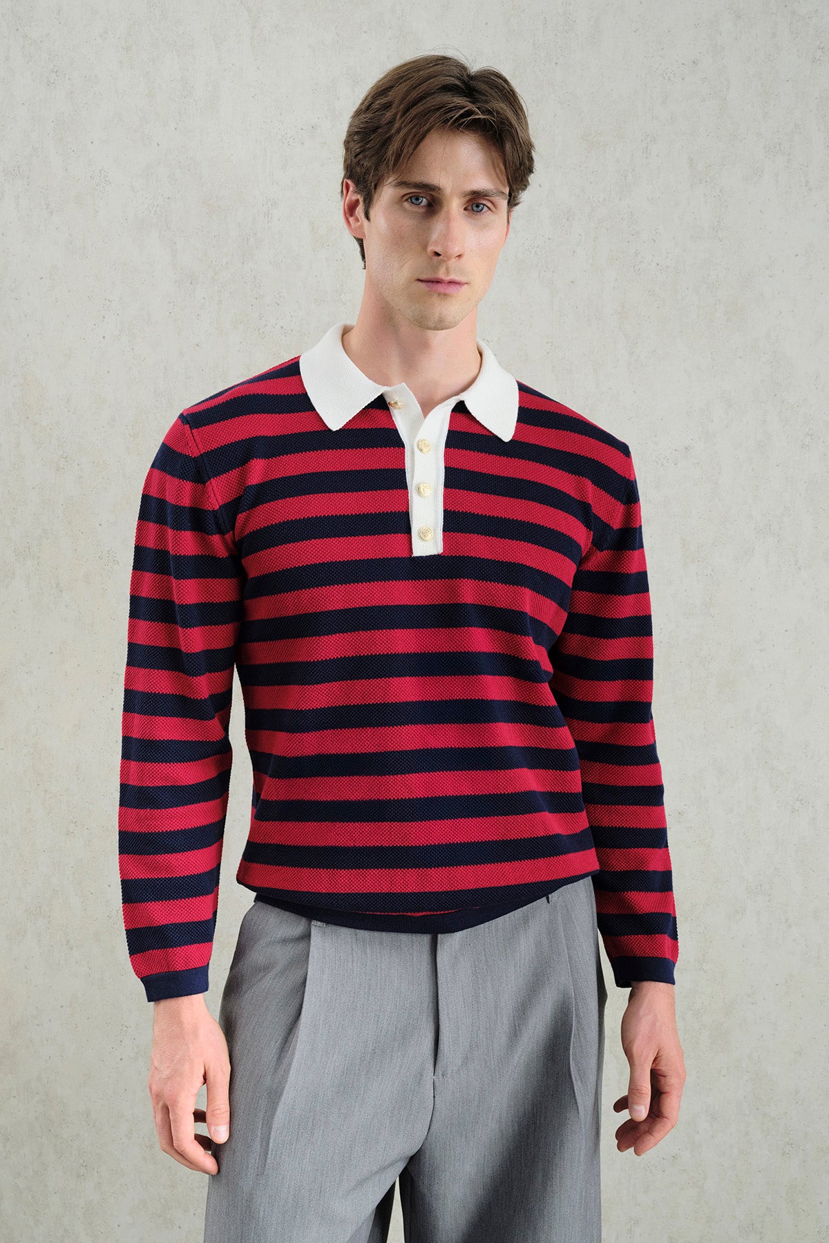 STRIPED POLO NECK SWEATER WITH GOLD BUTTONS