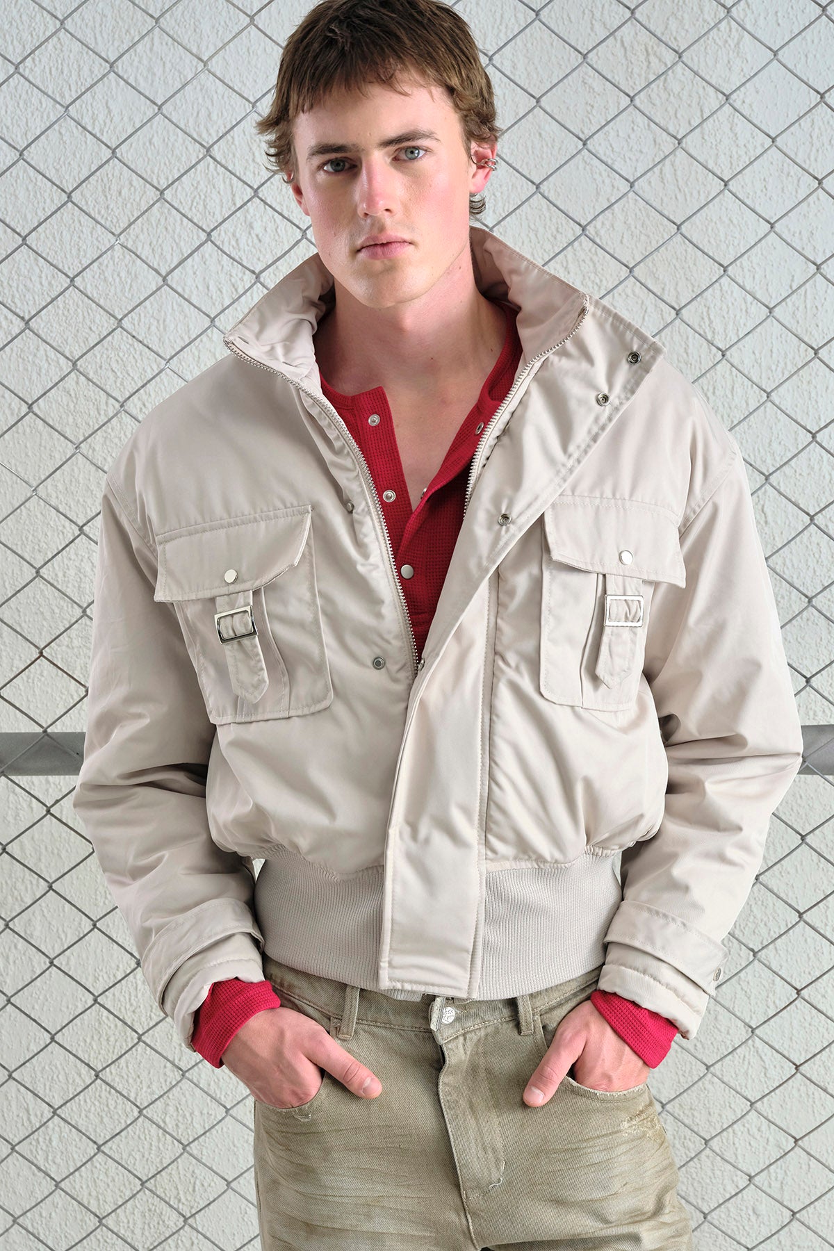 TEKNİK BEYAZ BOMBER CEKET