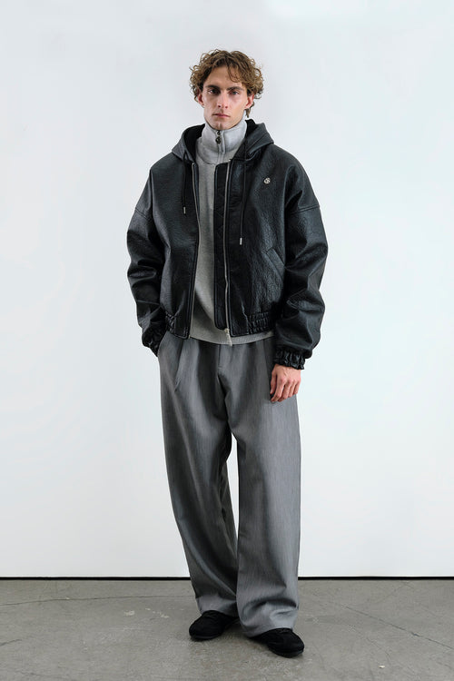 HOODED BLACK LEATHER JACKET - 1
