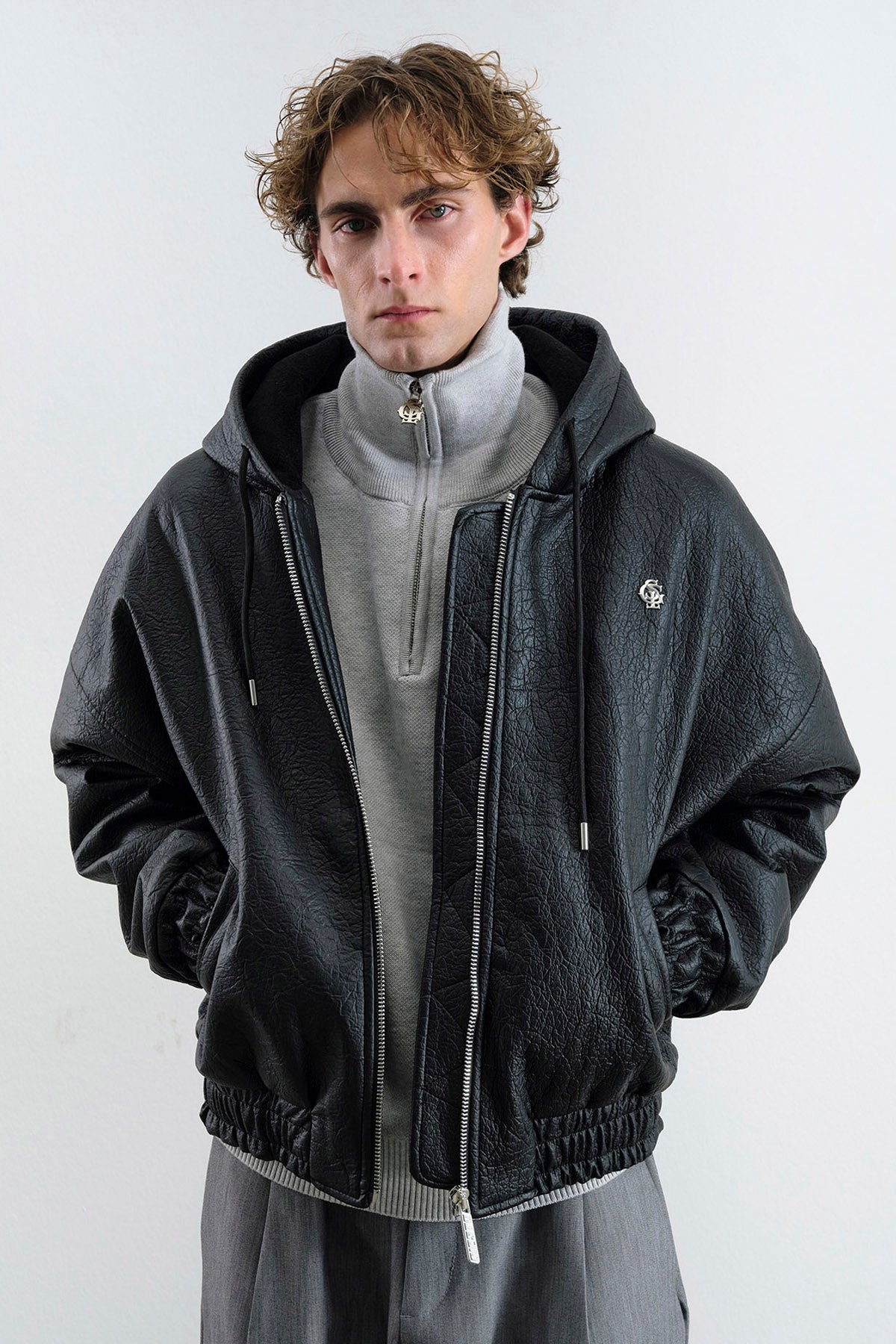 HOODED BLACK LEATHER JACKET - 2