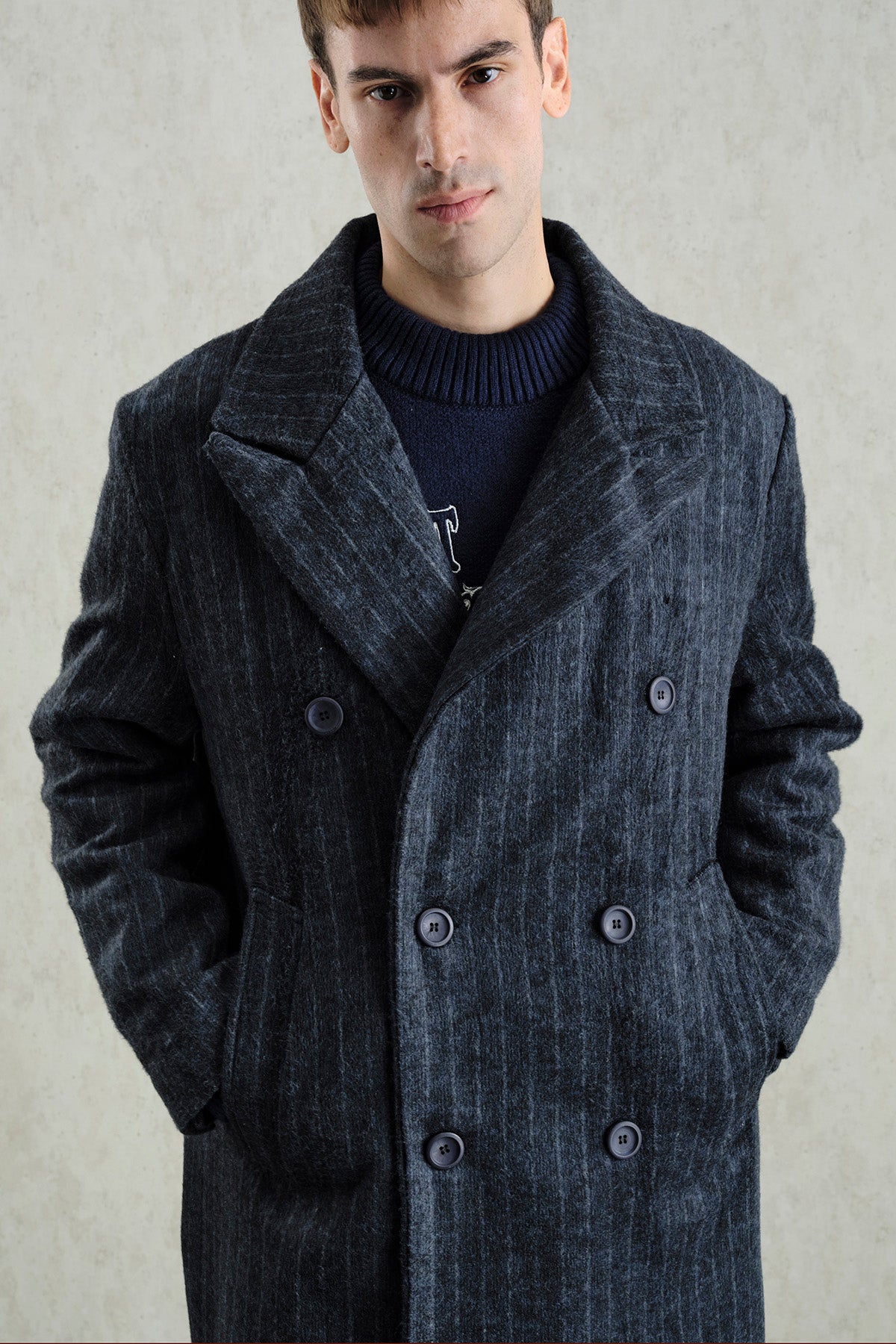 ÇİZGİLİ KAŞE LACİVERT KABAN