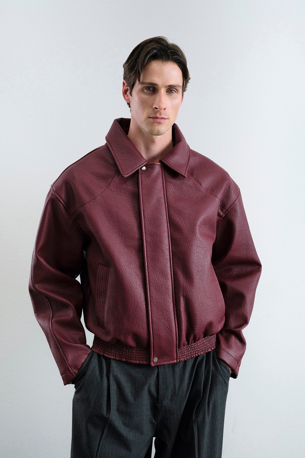 TEXTURED BURGUNDY LEATHER JACKET - 5