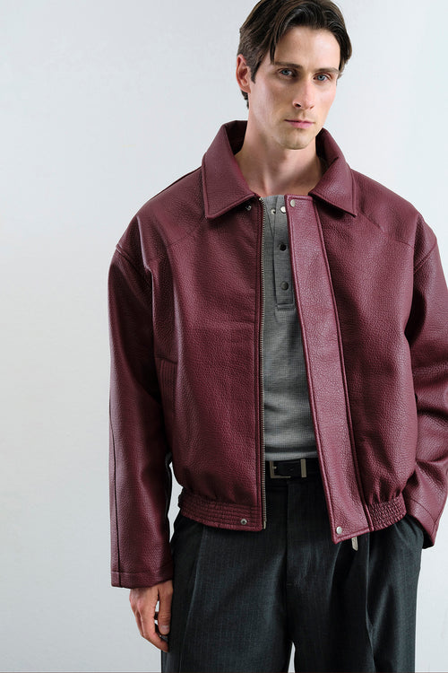 TEXTURED BURGUNDY LEATHER JACKET - 1