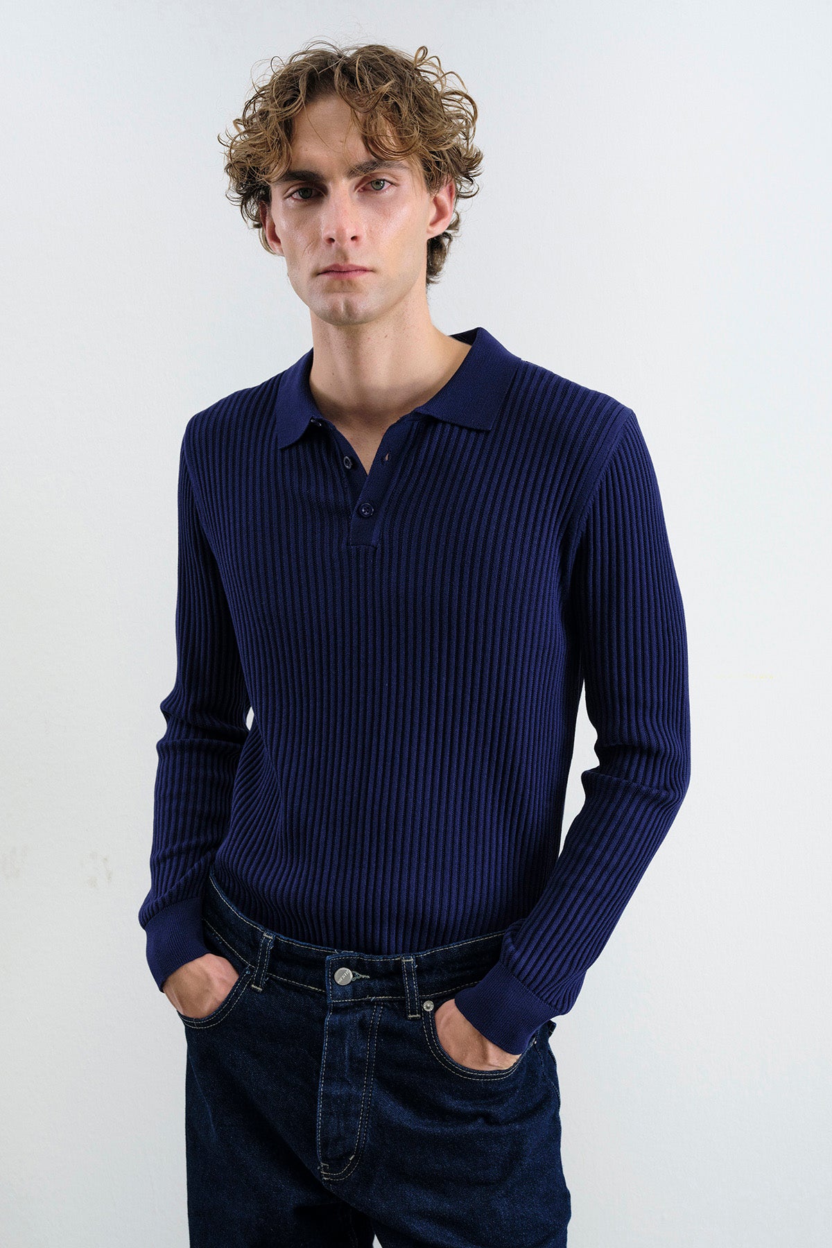 SLIM FIT BUTTONED NAVY POLO NECK KNITWEAR