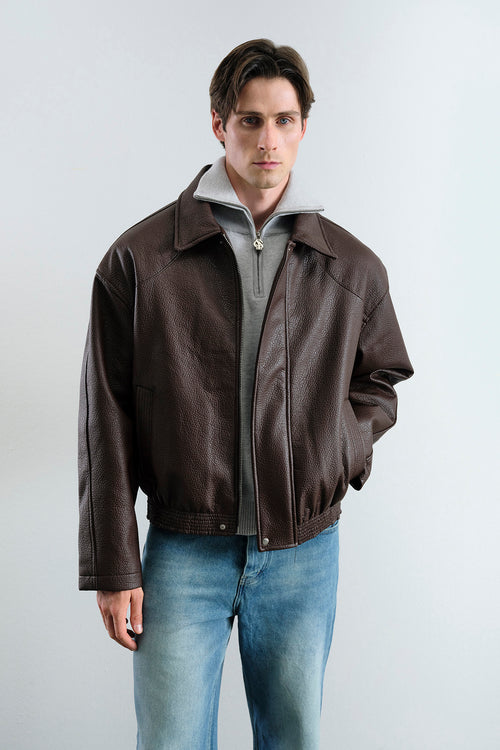 TEXTURED BROWN LEATHER JACKET - 1