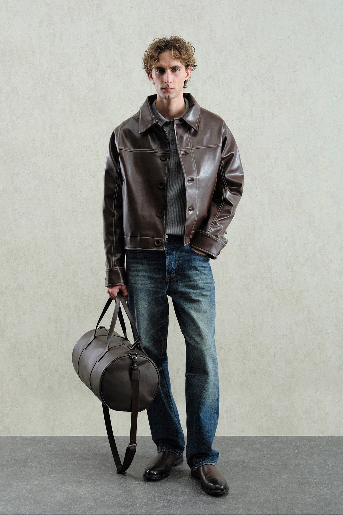 KONTRAST DİKİŞ DETAYLI KAHVERENGİ DERİ CEKET