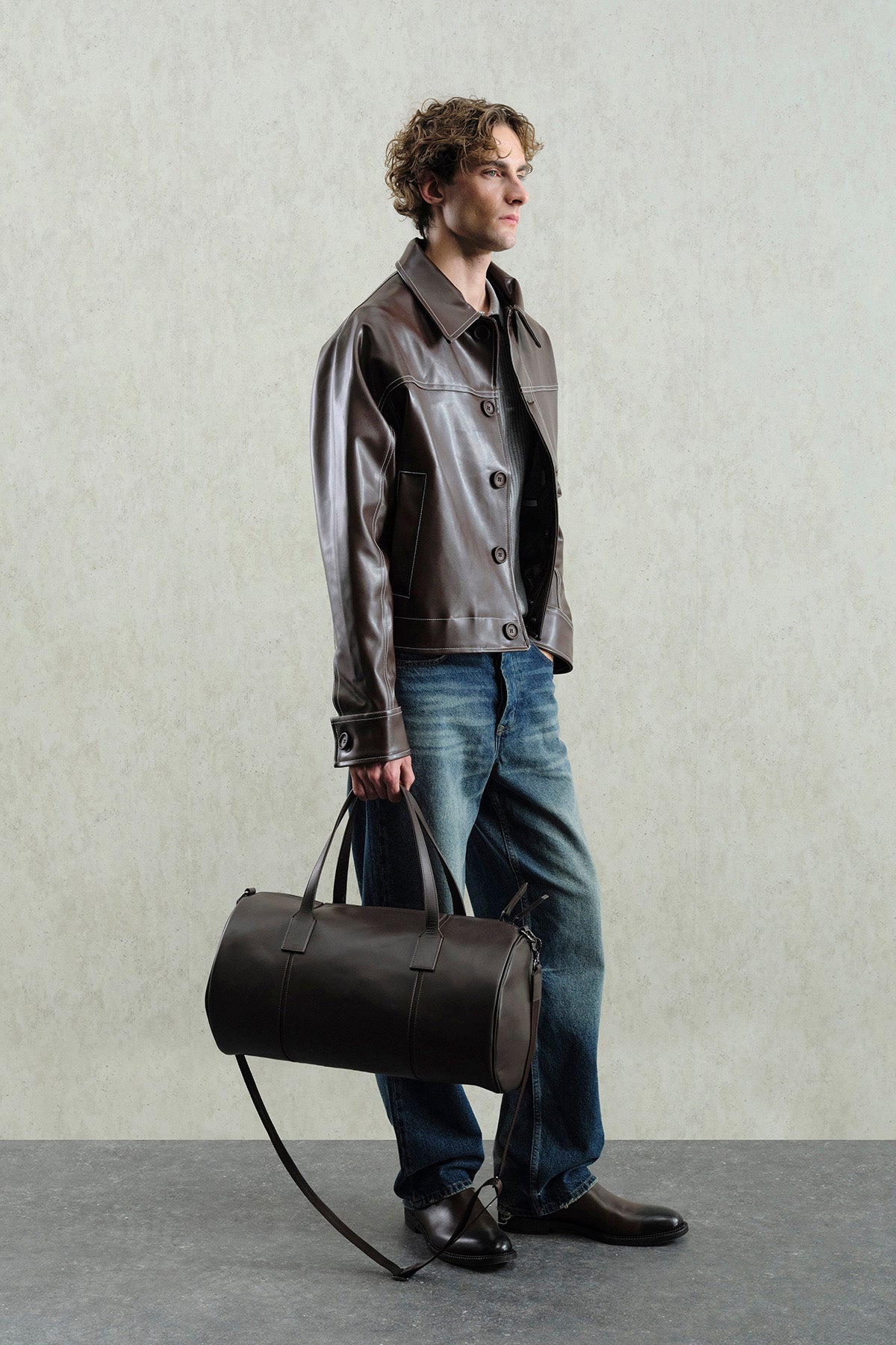 KONTRAST DİKİŞ DETAYLI KAHVERENGİ DERİ CEKET