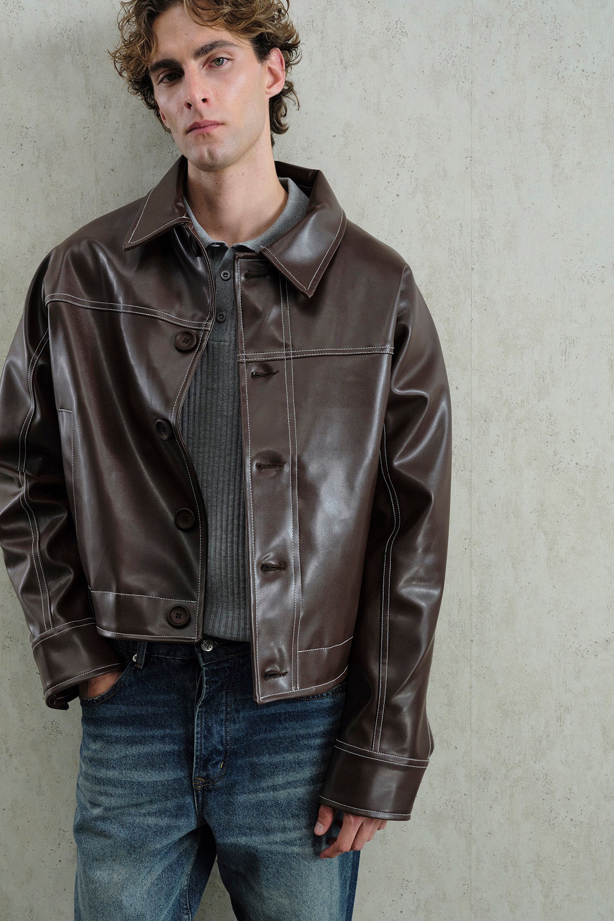 KONTRAST DİKİŞ DETAYLI KAHVERENGİ DERİ CEKET