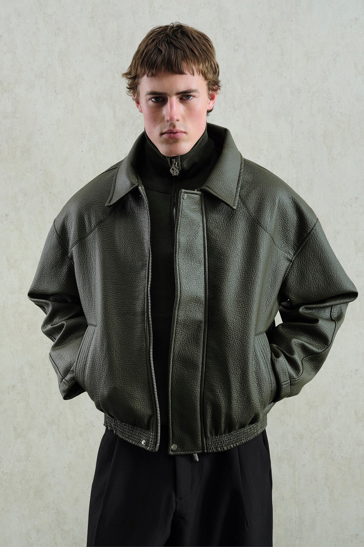 TEXTURED KHAKI LEATHER JACKET - 5