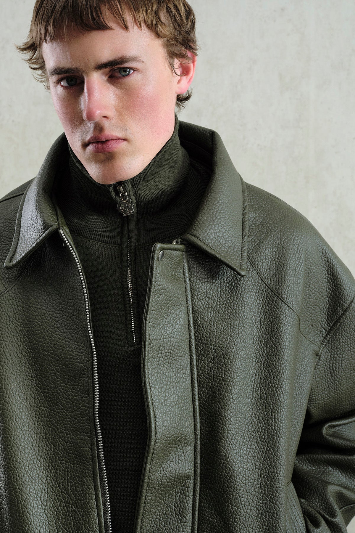 TEXTURED KHAKI LEATHER JACKET - 1