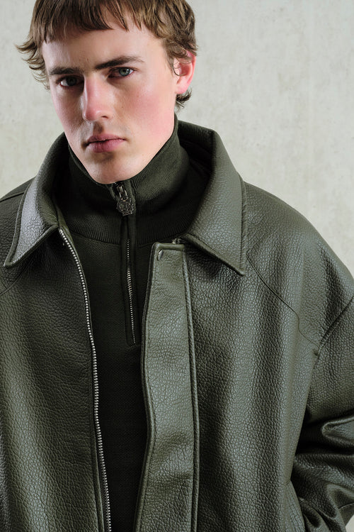 TEXTURED KHAKI LEATHER JACKET - 1