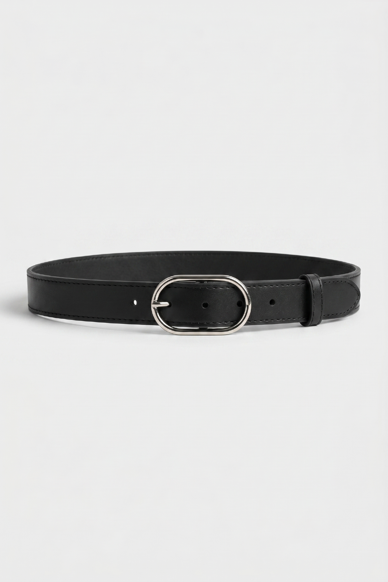 BLACK FAUX LEATHER BELT WITH OVAL METAL BUCKLE
