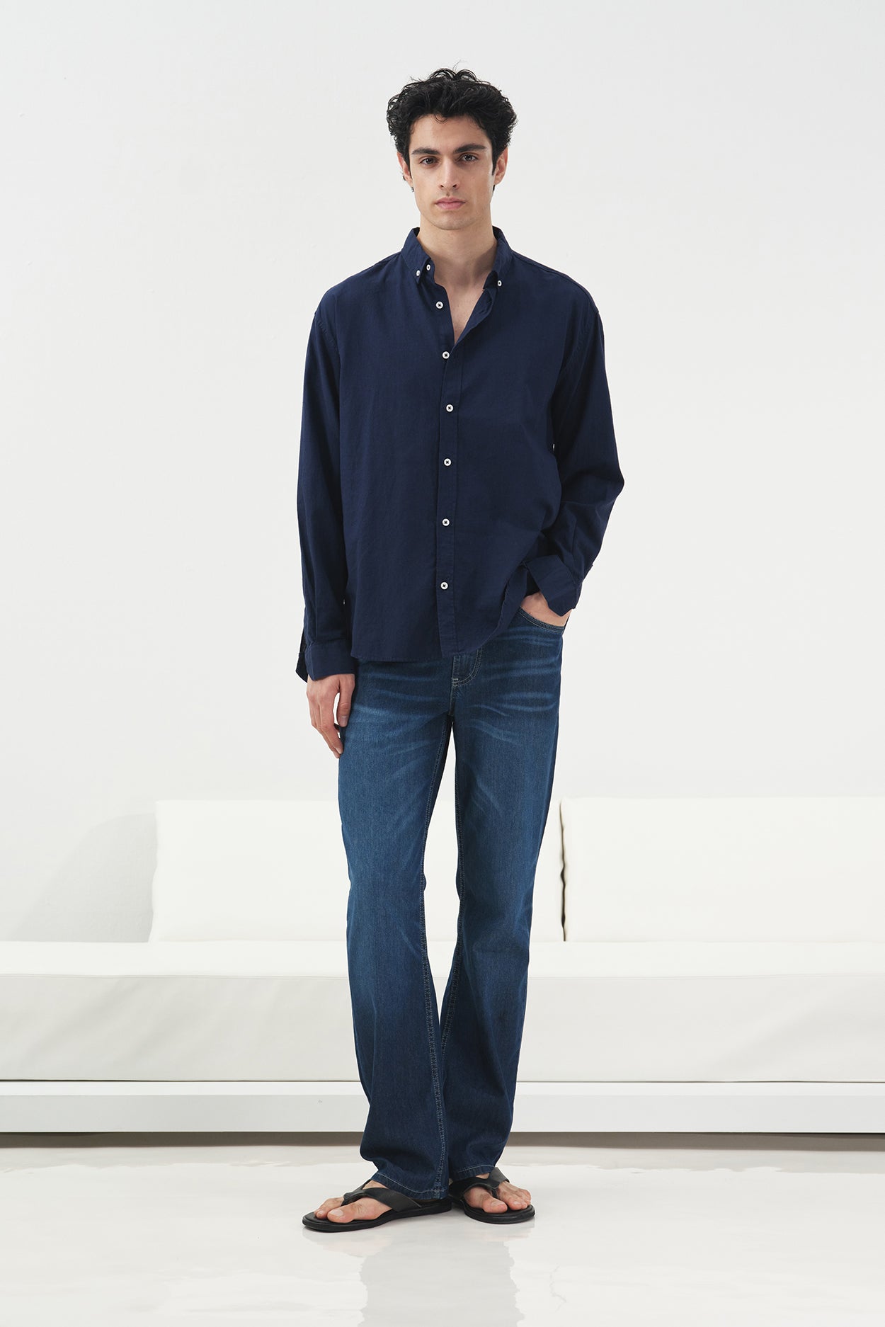 OVERSIZE DÖKÜMLÜ LACİVERT FRESH KETEN GÖMLEK