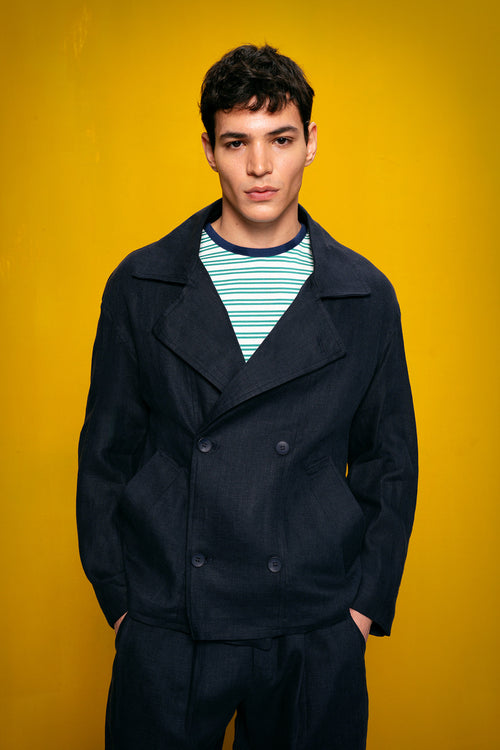 100% LINEN DOUBLE-BREASTED NAVY BLAZER