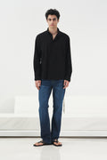OVERSIZE DÖKÜMLÜ SİYAH FRESH KETEN GÖMLEK