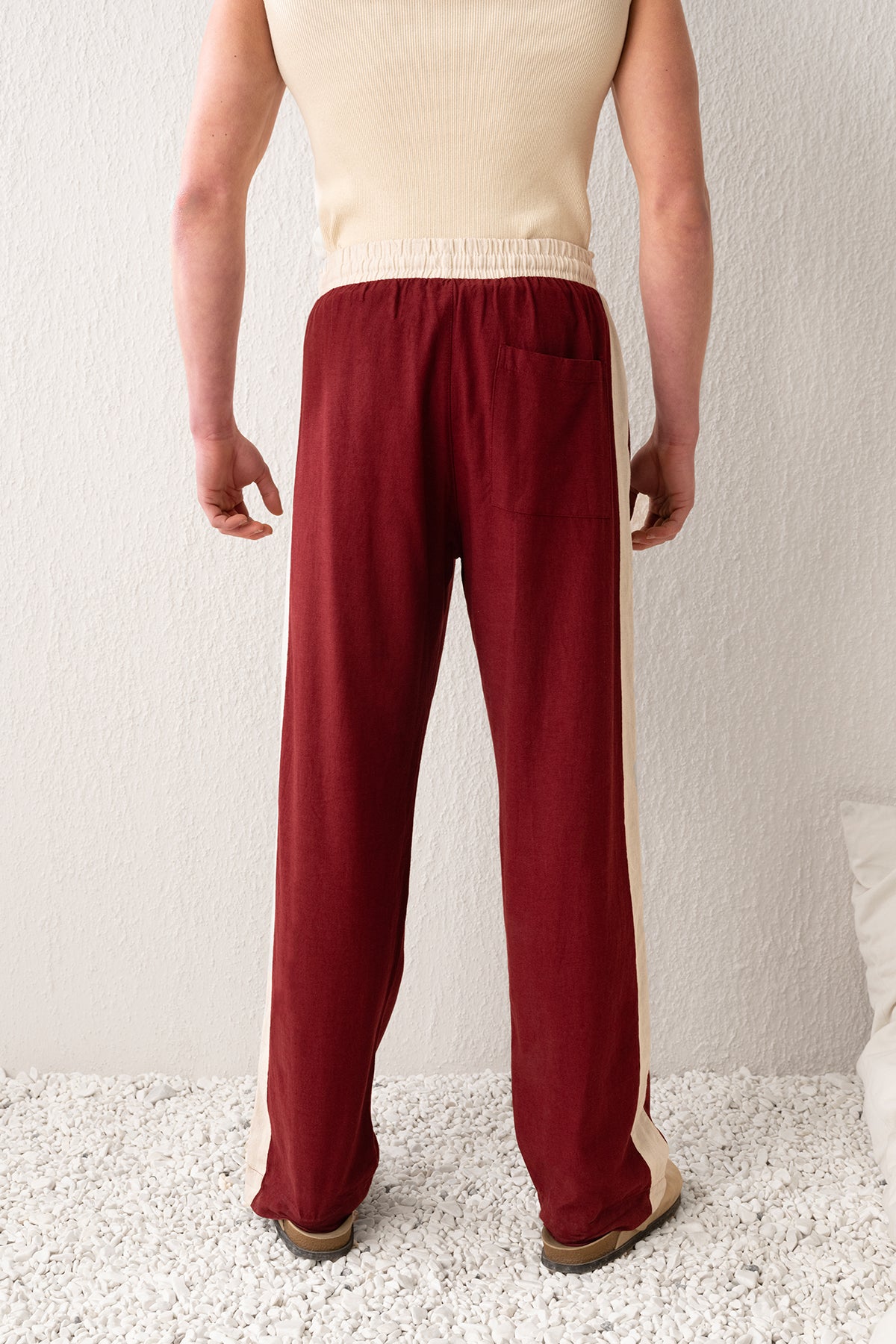 ŞERİT DETAYLI KETEN BORDO PANTOLON