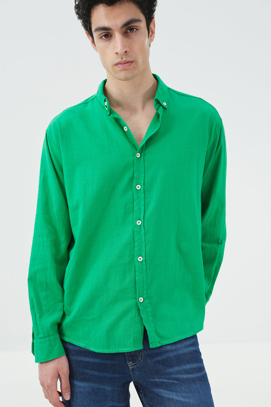 OVERSIZE DÖKÜMLÜ YEŞİL FRESH KETEN GÖMLEK