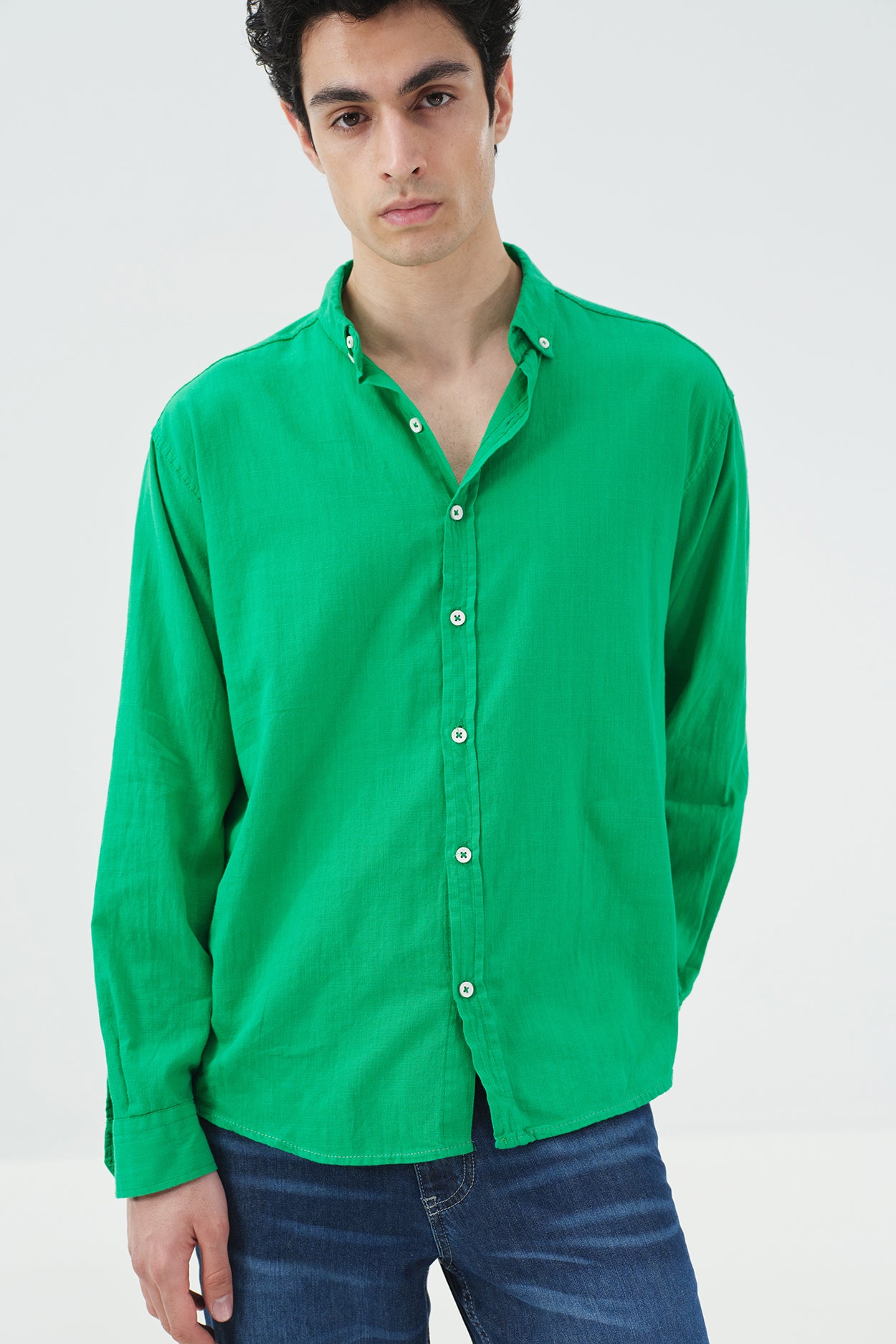 OVERSIZE DÖKÜMLÜ YEŞİL FRESH KETEN GÖMLEK