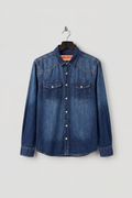 EFEKTLİ REGULAR FIT İNCE TİNTLİ MAVİ DENIM GÖMLEK