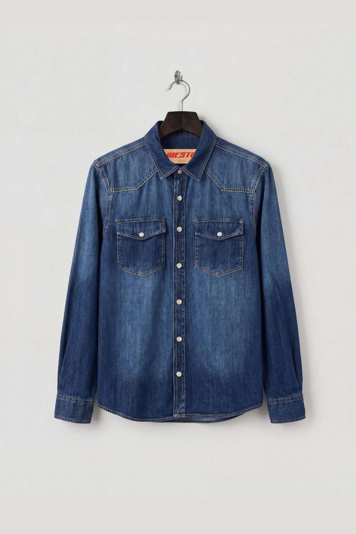 MEN'S SLIM FIT DISTRESSED LIGHT WASH DENIM SHIRT