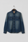 EFEKTLİ REGULAR FIT İNCE KOYU MAVİ DENIM GÖMLEK