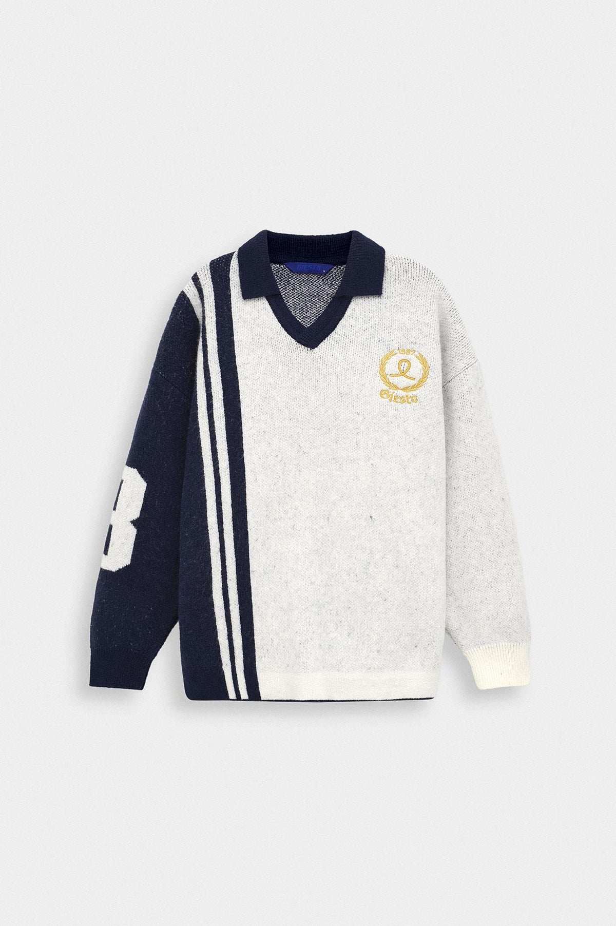 ÇİFT RENKLİ NAKIŞLI POLO YAKA EKRU TRİKO KAZAK - 1