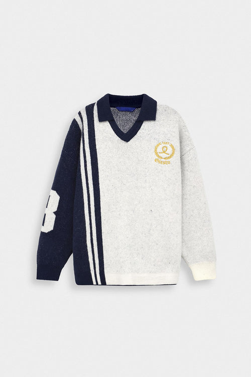 ÇİFT RENKLİ NAKIŞLI POLO YAKA EKRU TRİKO KAZAK - 1