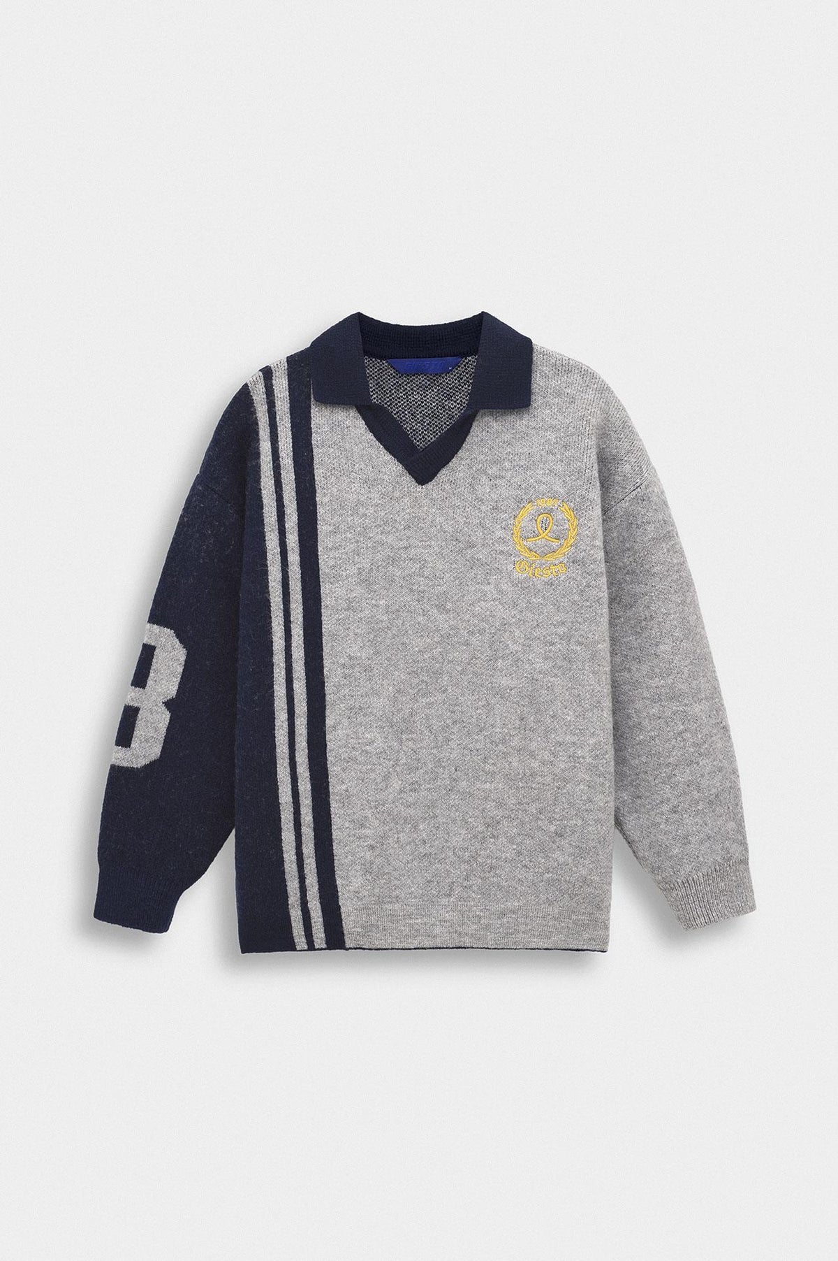 ÇİFT RENKLİ NAKIŞLI POLO YAKA GRİ TRİKO KAZAK - 1