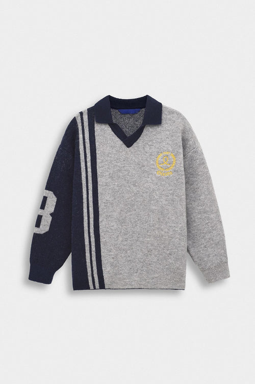 ÇİFT RENKLİ NAKIŞLI POLO YAKA GRİ TRİKO KAZAK - 1