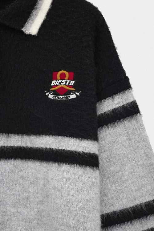 TWO-TONE EMBROIDERED POLO NECK GREY KNIT SWEATER - 2