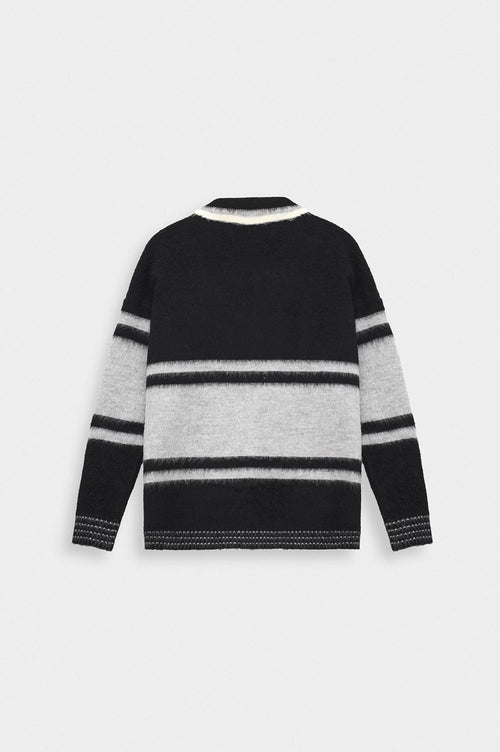 TWO-TONE EMBROIDERED POLO NECK GREY KNIT SWEATER - 4