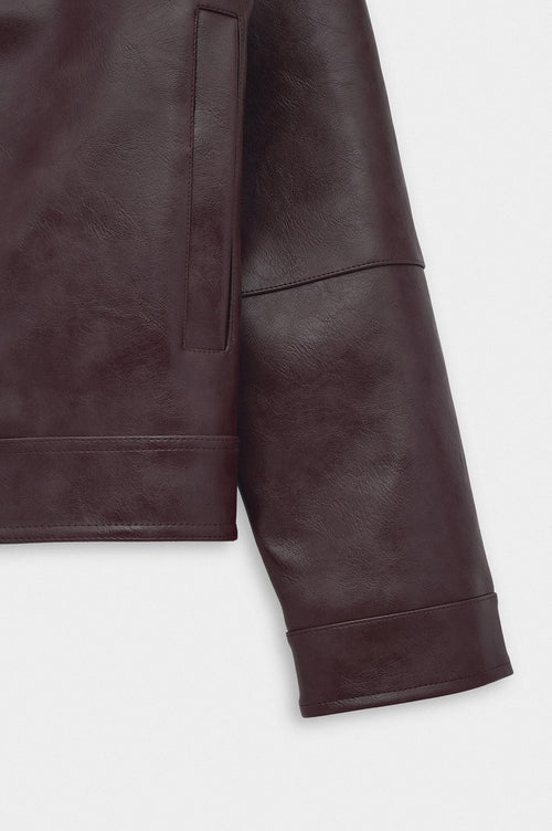 CROP FIT AKSEUSARLI BORDO DERİ CEKET - 4