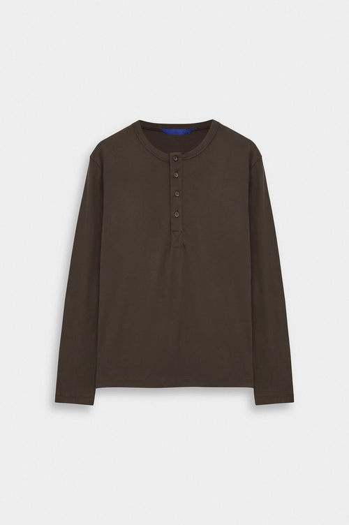 DAR CUT BUTTONED NECK LONG-SLEEVE BROWN T-SHIRT - 1