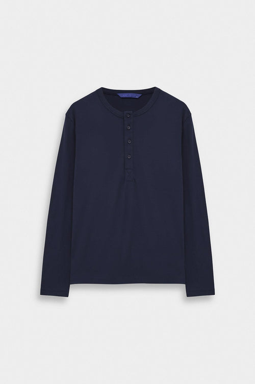 DAR CUT BUTTONED NECK LONG-SLEEVE NAVY T-SHIRT - 1